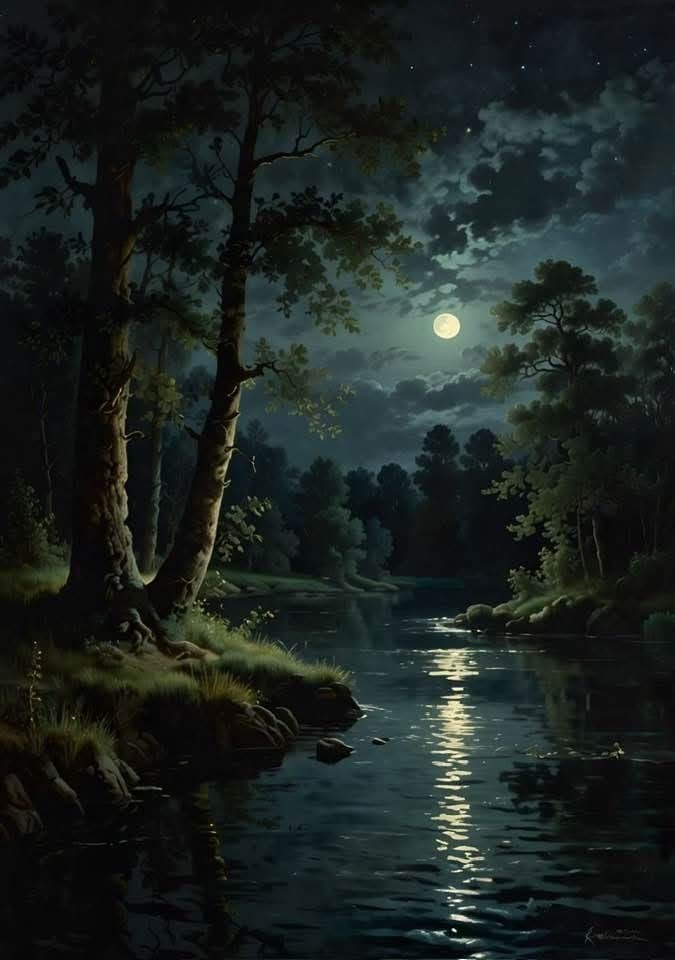 A painting of trees reflecting on water