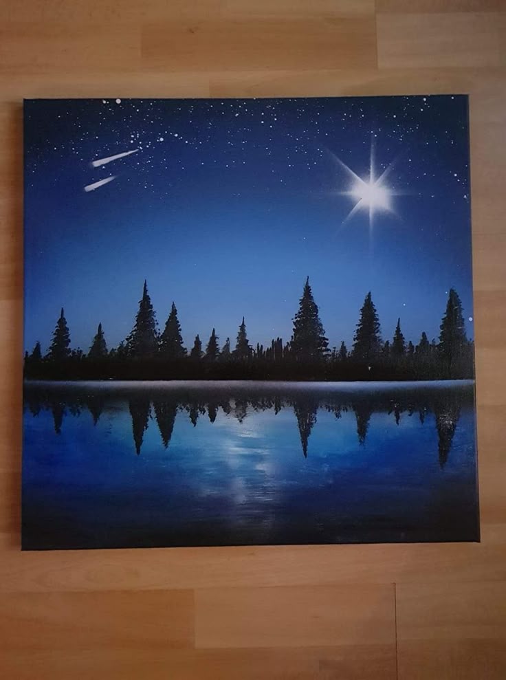 A painting of trees reflecting on water